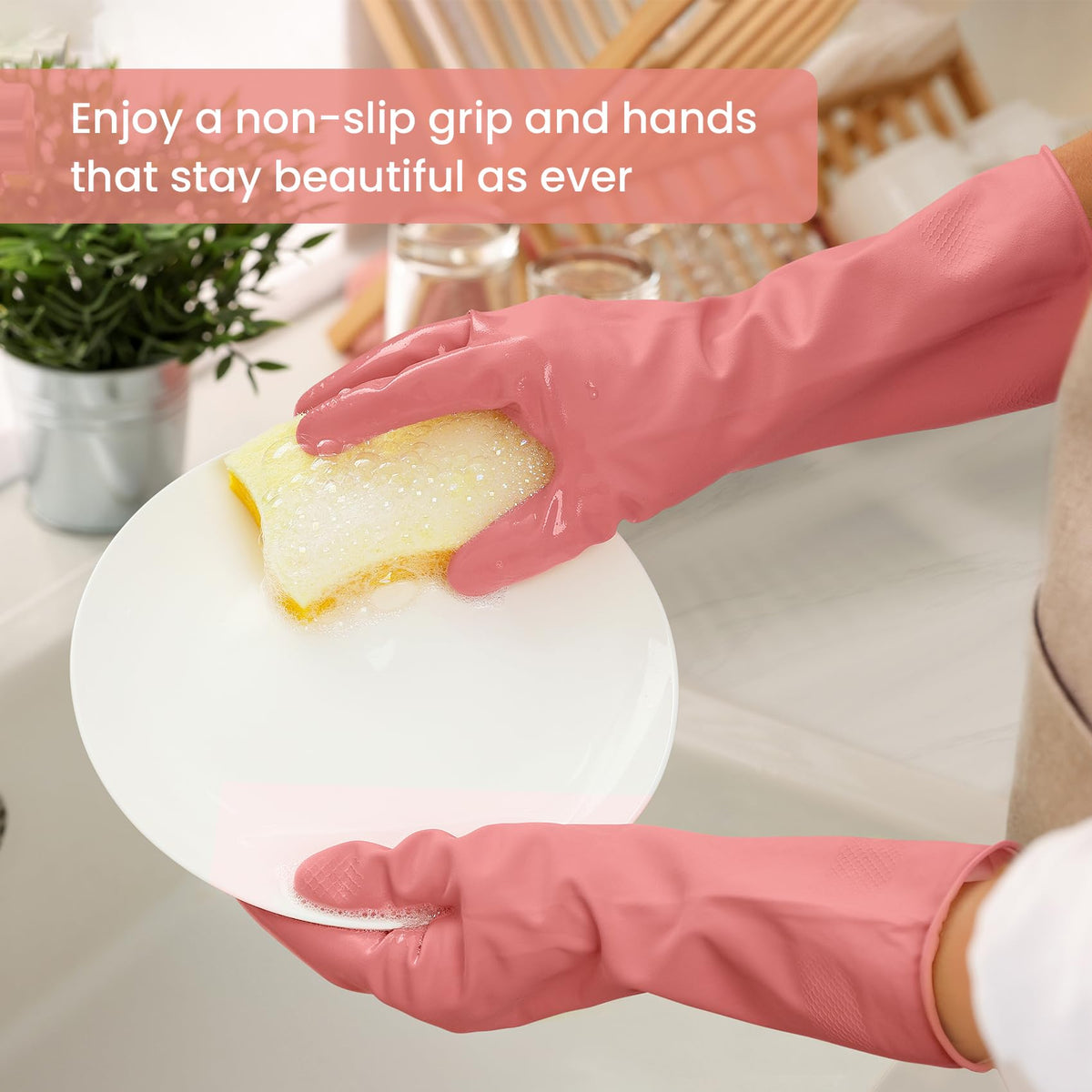4 Pairs Reusable Rubber Cleaning Gloves with Flocked Lining and Non-Slip Grip F84369