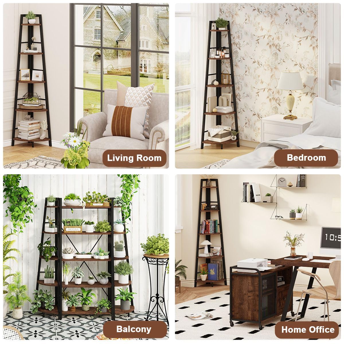 5-Tier Black Metal Wood Corner Bookshelf I635343
