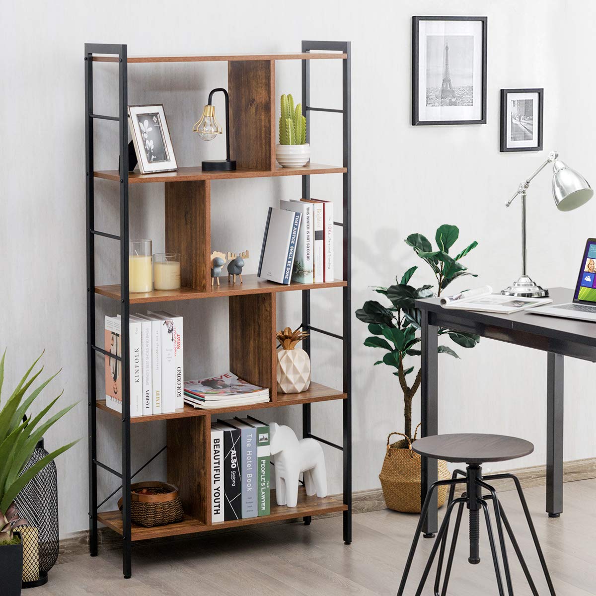 5-Tier Wood Bookshelf with Metal Frame N224056