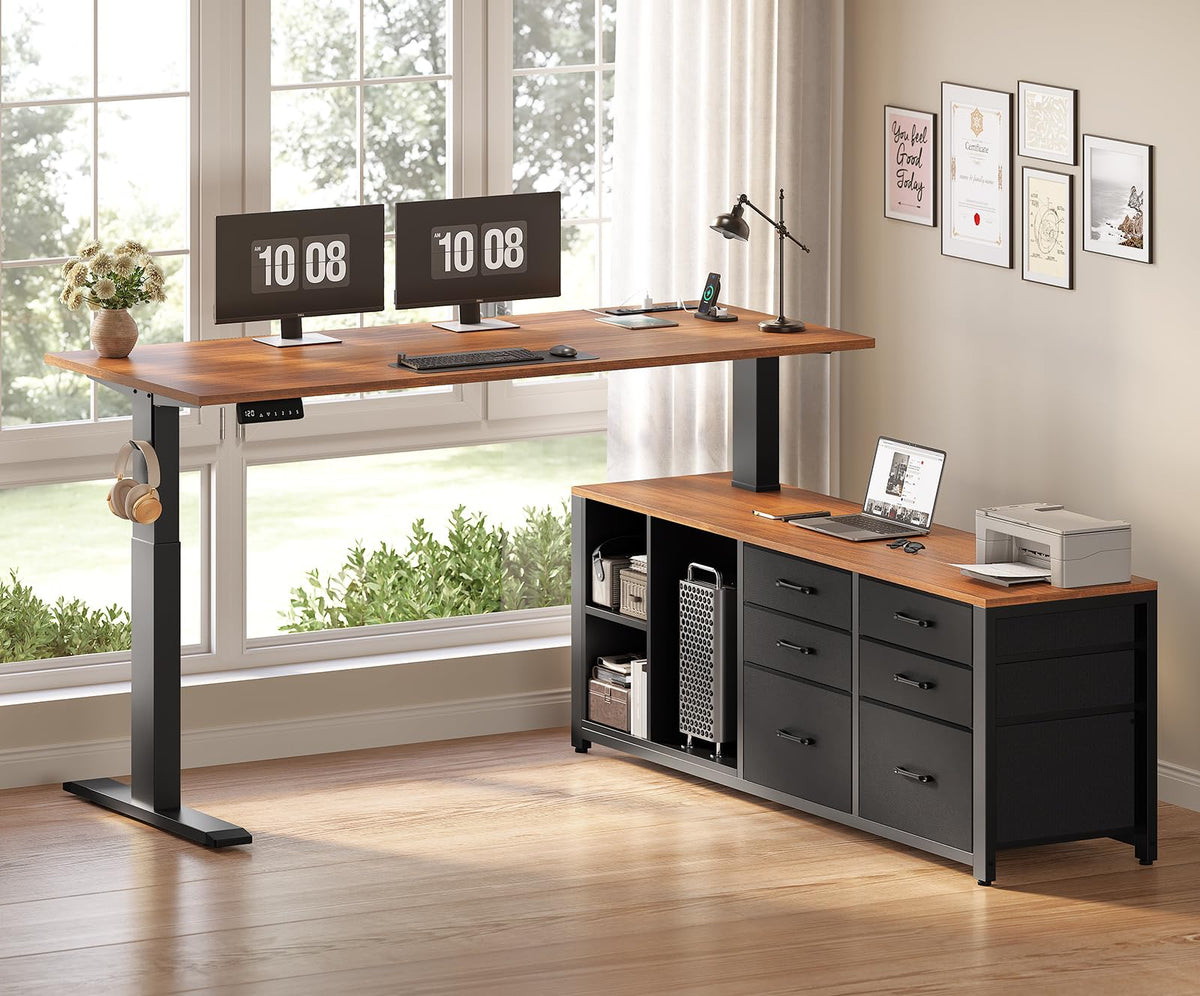 L Shaped Electric Standing Desk, 55" x 55" Height Adjustable Corner Office Desk with 6 Fabric Drawers and Storage Shelves, Stand up Home Office Desk with Power Outlet, Black and Brown S782