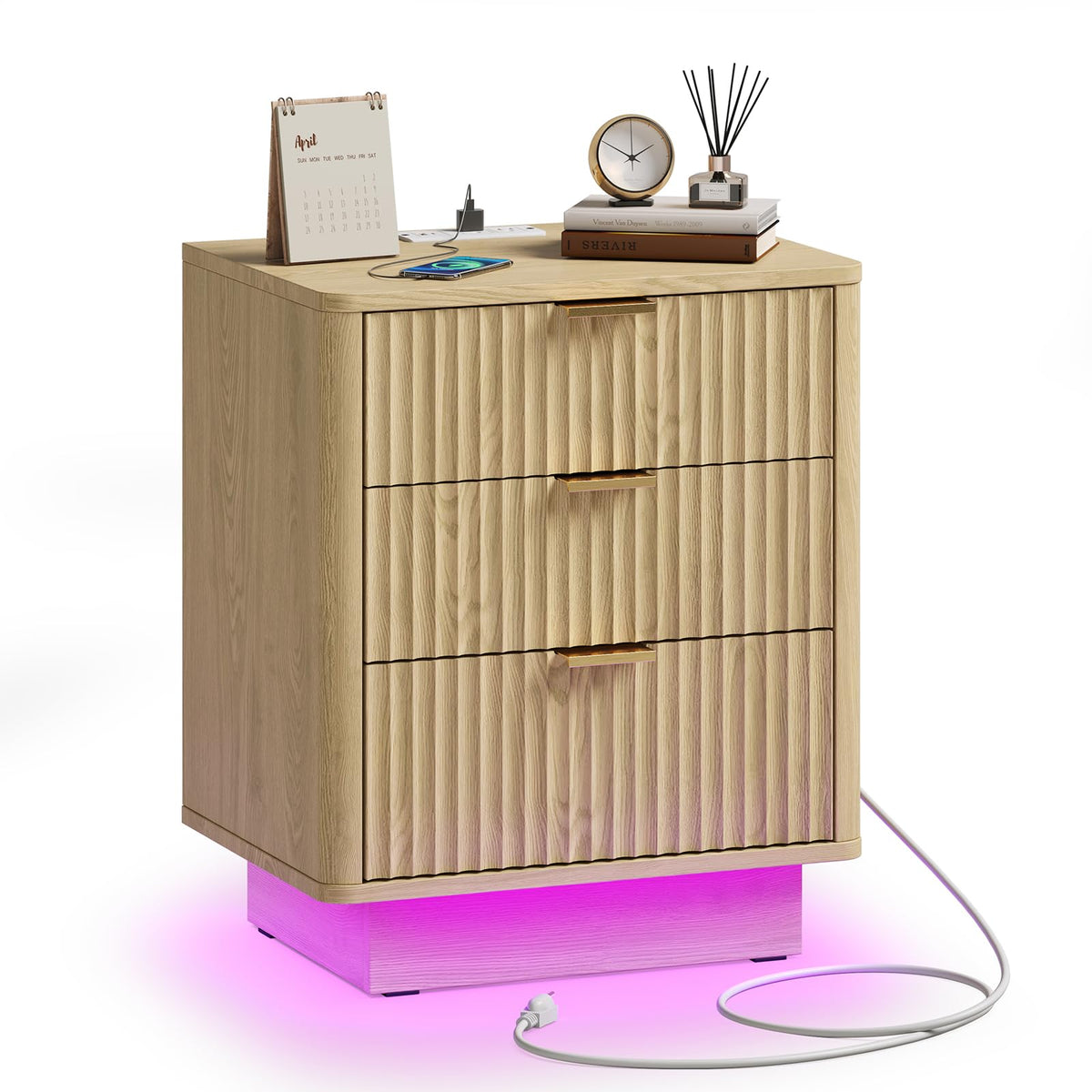 Natural 3 Drawer Nightstand with Charging Station E482451