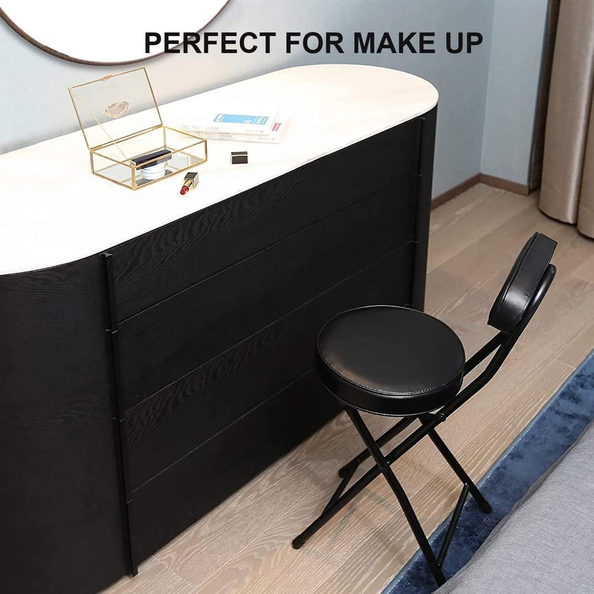 18 Inch Folding Stool with Backrest, Leather Padded Seat, Black B7764