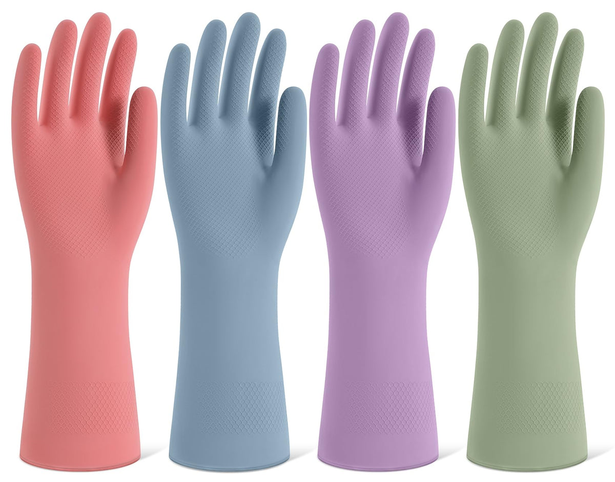 4 Pairs Reusable Rubber Cleaning Gloves with Flocked Lining and Non-Slip Grip F84369