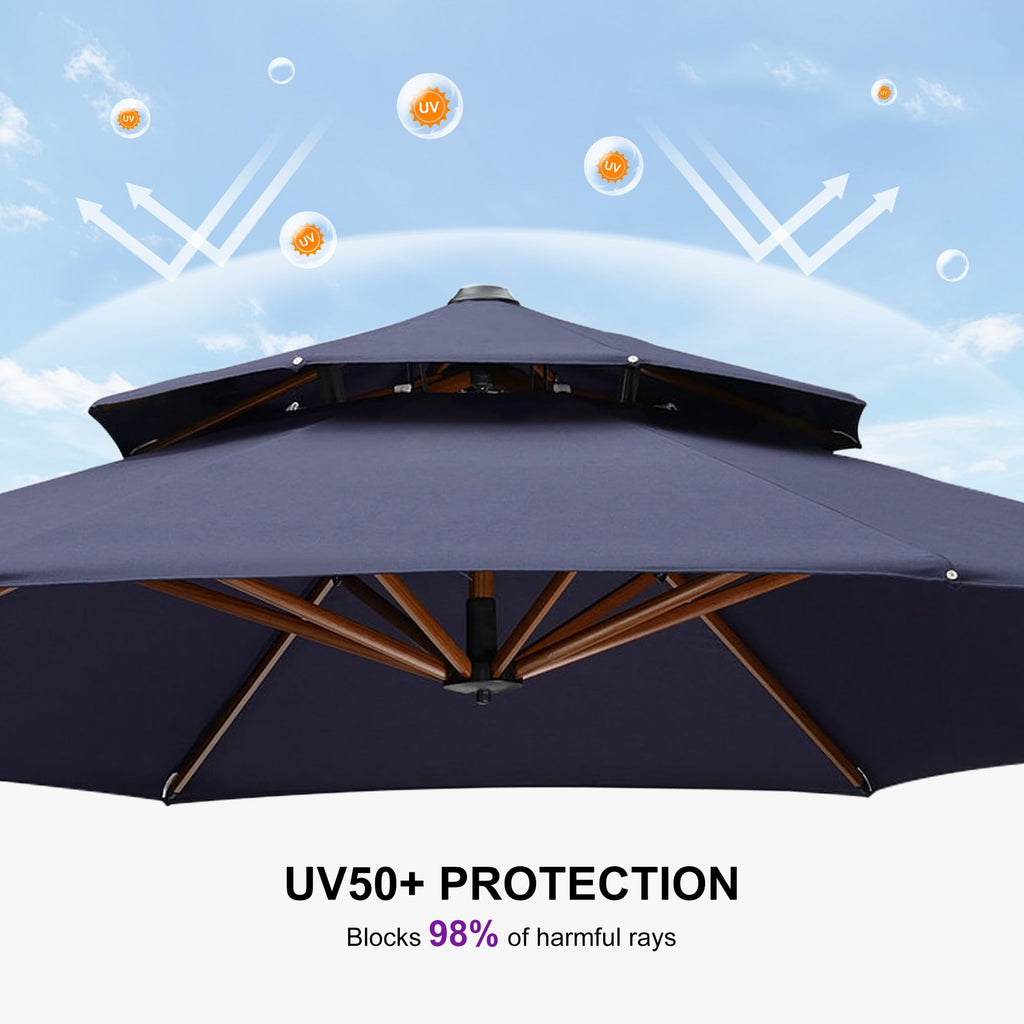 11ft Double Top Wood-Grain Finish Navy Blue Patio Umbrella S773227