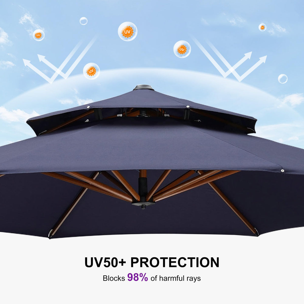 11ft Double Top Wood-Grain Finish Navy Blue Patio Umbrella S773227
