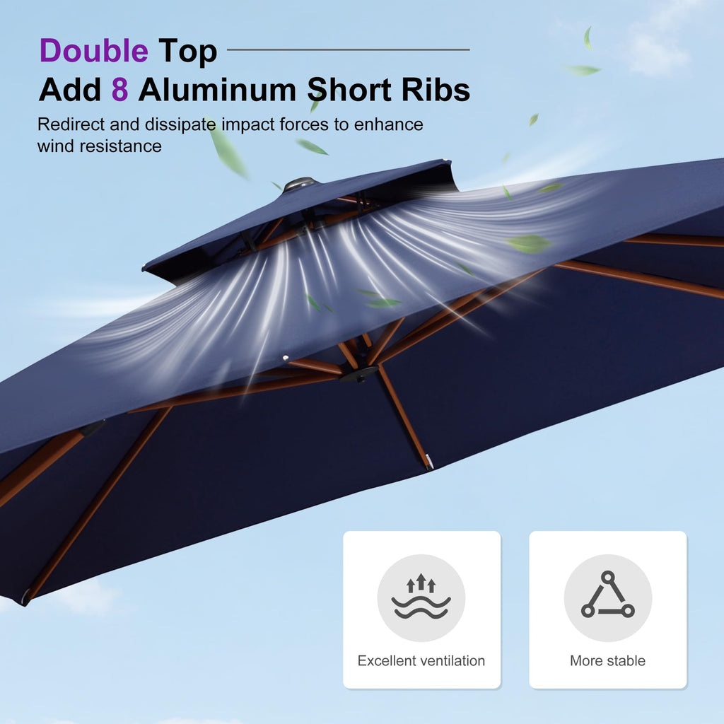 11ft Double Top Wood-Grain Finish Navy Blue Patio Umbrella S773227