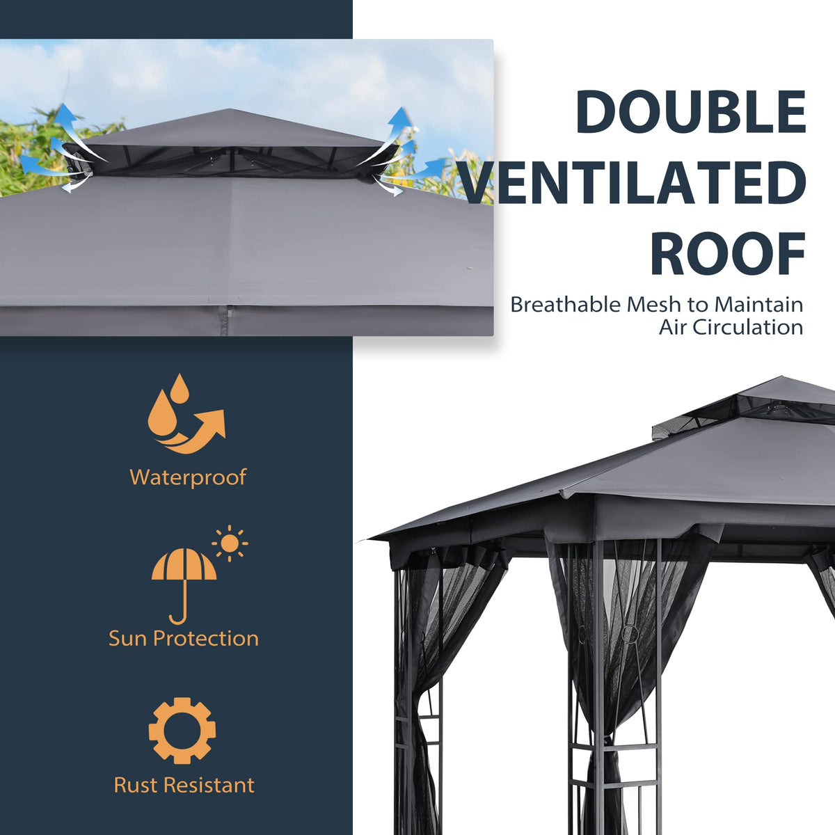 10' X 12' Outdoor Patio Gazebo with Double Roof and Mosquito Netting K90092