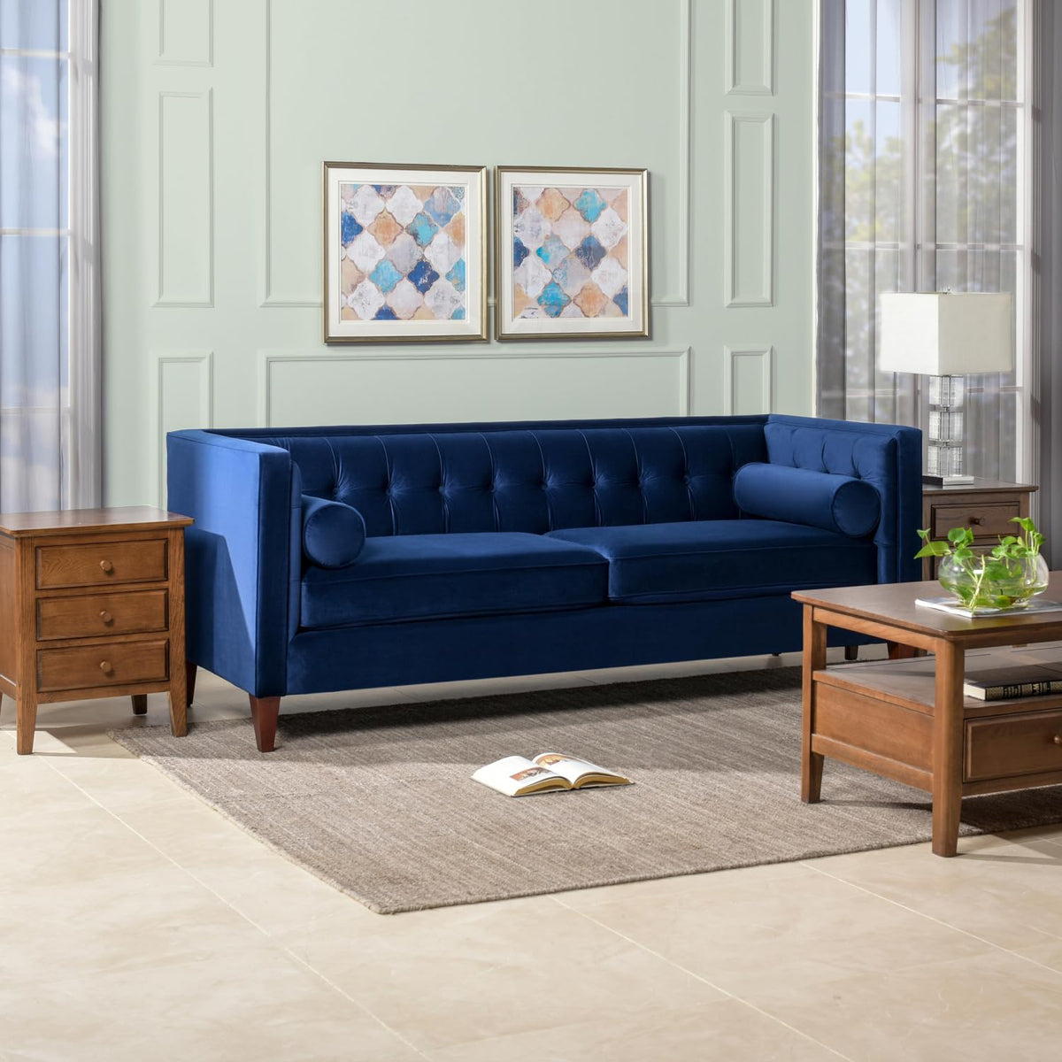 84" Tufted Navy Blue Velvet Sofa with Two Reversible Cushions W9324