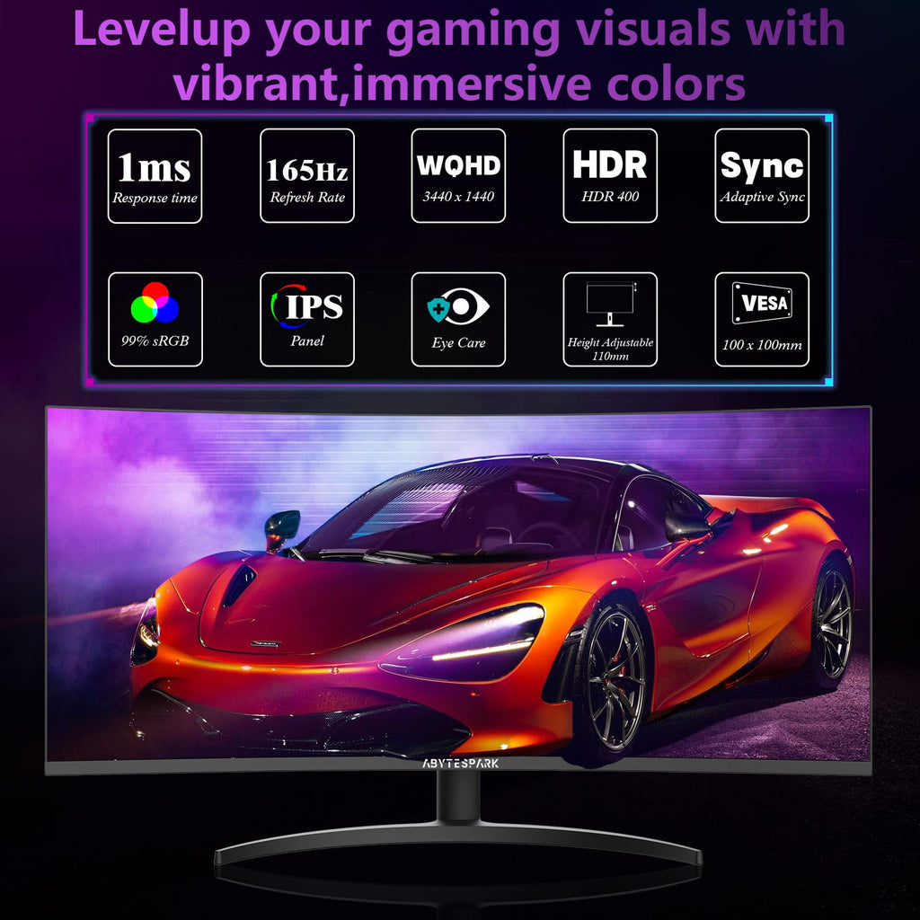34 Inch Curved Ultra Wide WQHD Gaming Monitor 165Hz 1ms HDR400 V123130