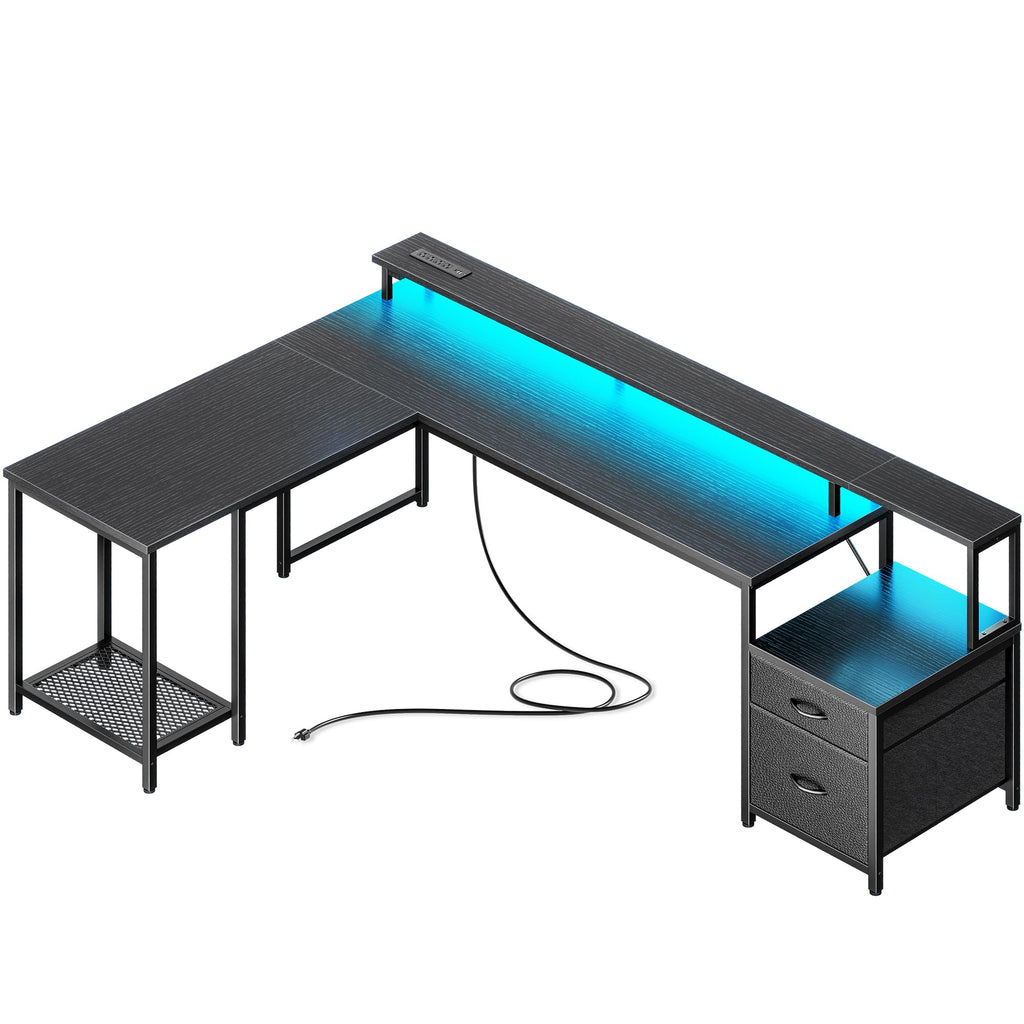 66" L Shaped Gaming Desk with LED Lights & Power Outlets U3042
