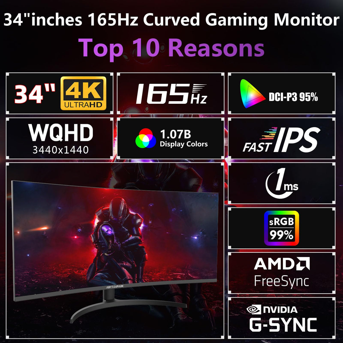 34 Inch Curved Ultra Wide WQHD Gaming Monitor 165Hz 1ms HDR400 V123130