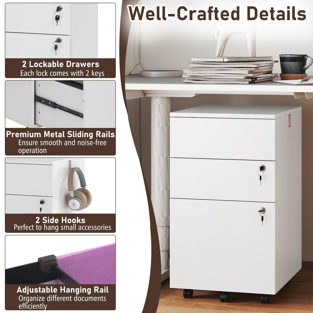 White 3 Drawer File Cabinet with Lock O83307