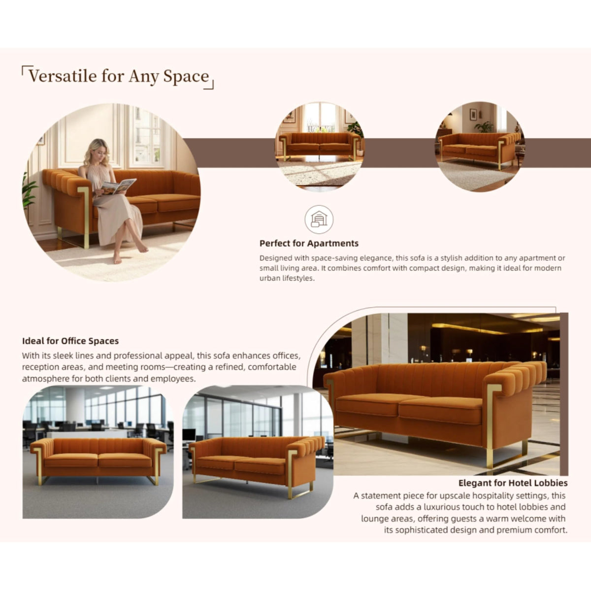 Orange Velvet Channel Tufted Sofa with Gold Metal Legs U3781