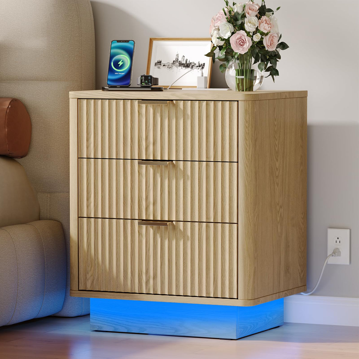 Natural 3 Drawer Nightstand with Charging Station E482451