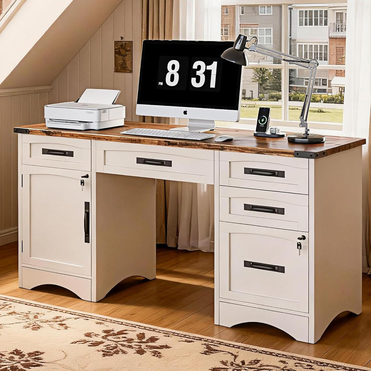 White Wood Executive Desk with Drawers and File Cabinet D1476