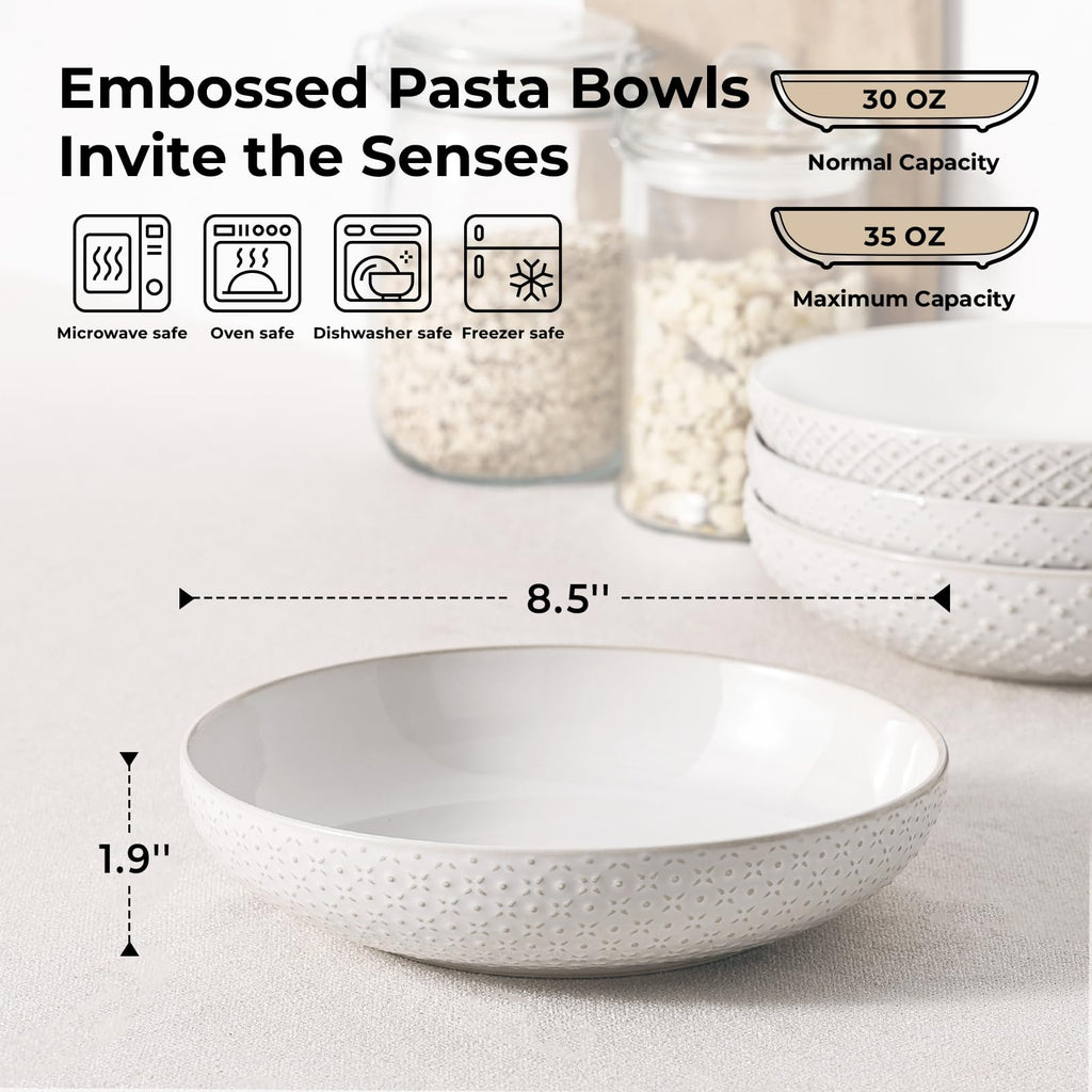 8.5" Ceramic Pasta Bowls Set of 4, 30 oz Soft White S5143