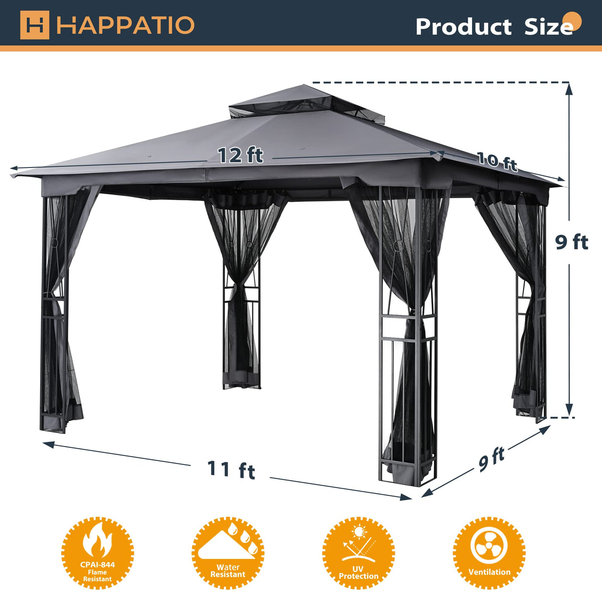 10' X 12' Outdoor Patio Gazebo with Double Roof and Mosquito Netting K90092