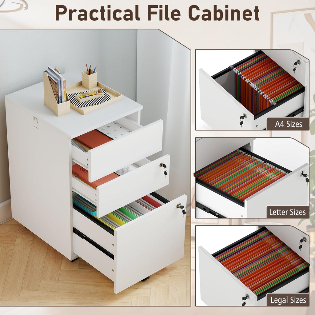 White 3 Drawer File Cabinet with Lock O83307