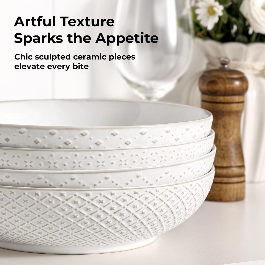 8.5" Ceramic Pasta Bowls Set of 4, 30 oz Soft White S5143