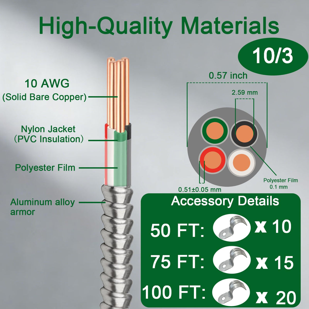 10 AWG Metal Clad Cable with Ground 50FT I6441