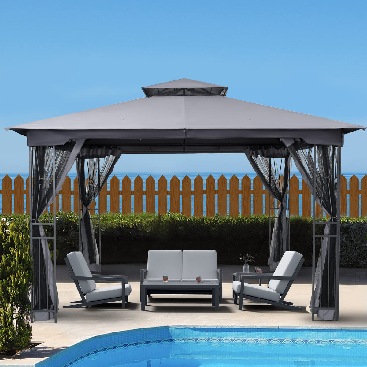 10' X 12' Outdoor Patio Gazebo with Double Roof and Mosquito Netting K90092