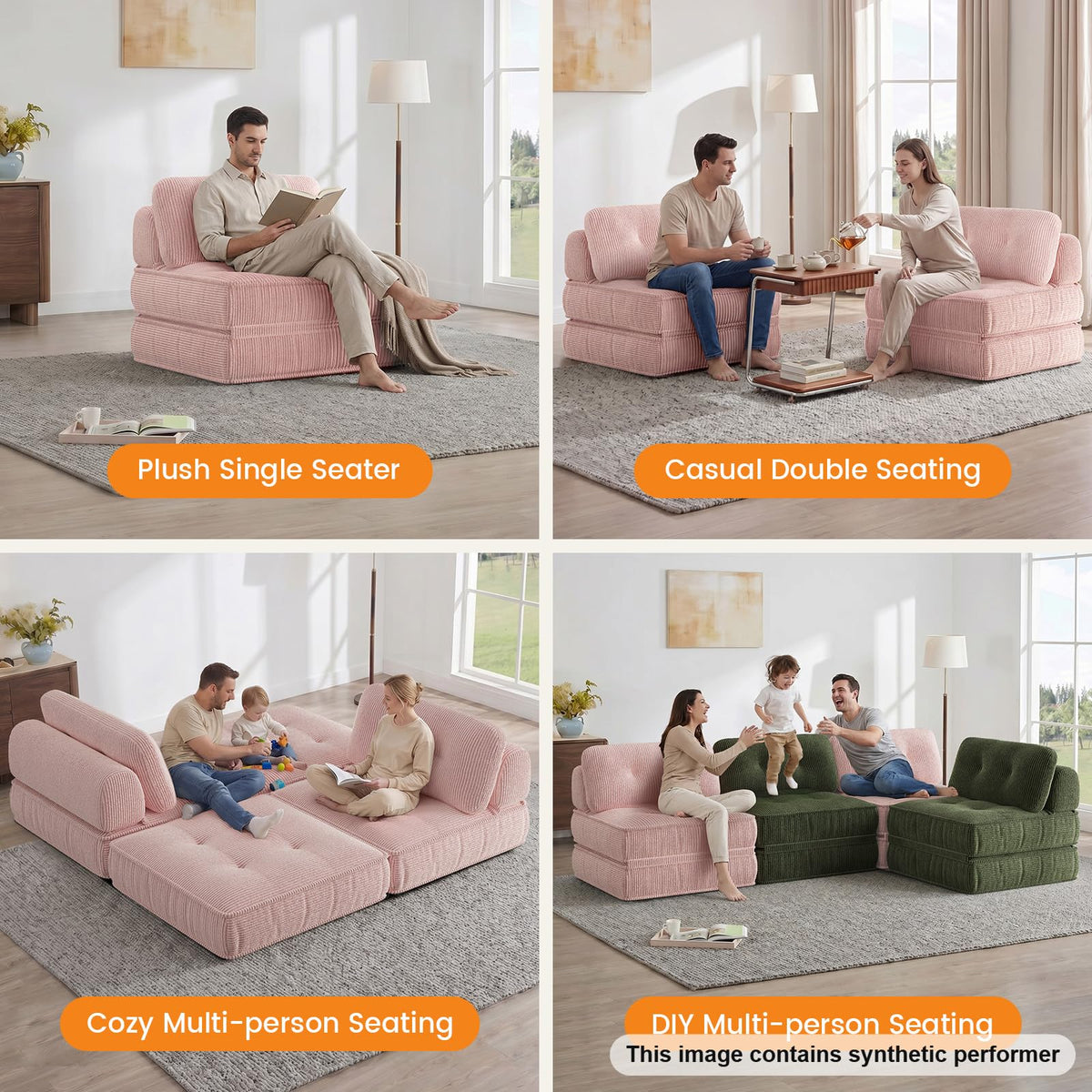 Pink Corduroy 3-in-1 Folding Sofa Bed with Memory Foam U83749