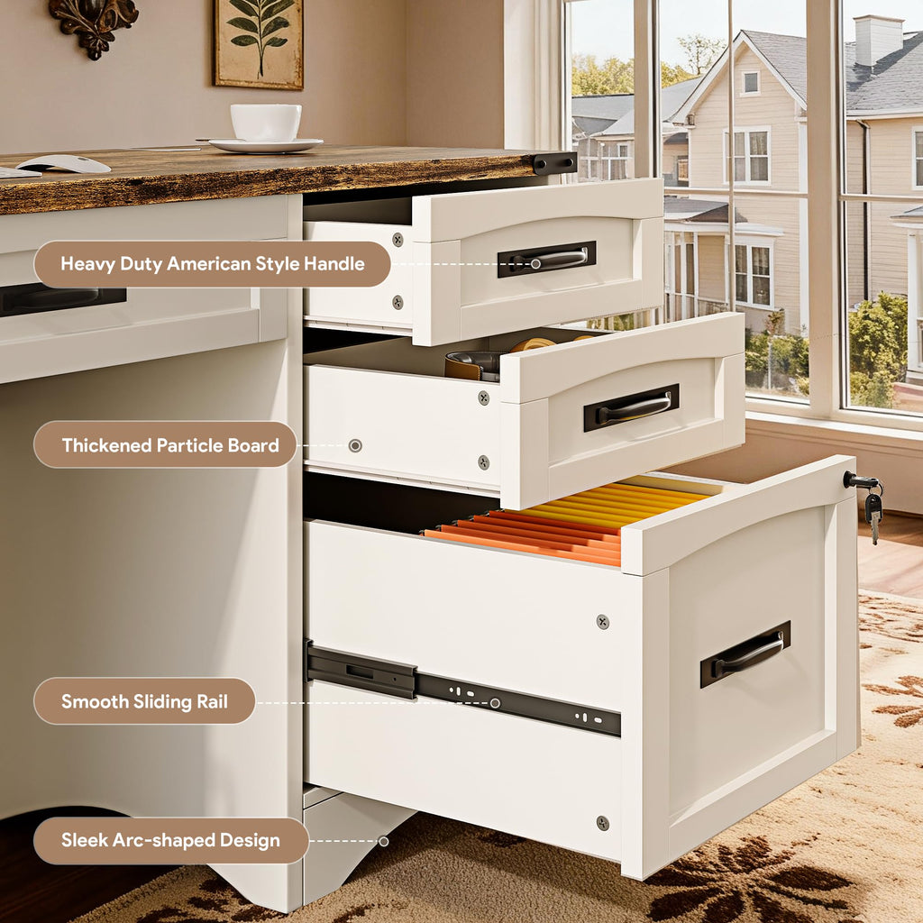 White Wood Executive Desk with Drawers and File Cabinet D1476