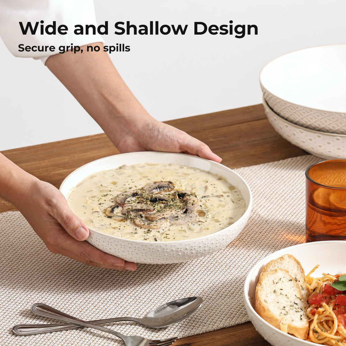 8.5" Ceramic Pasta Bowls Set of 4, 30 oz Soft White S5143