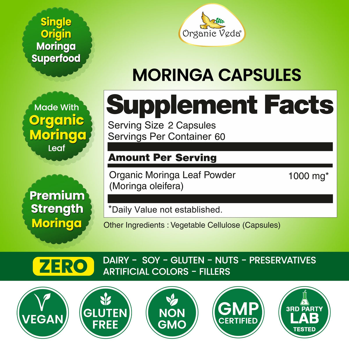 1000mg Organic Moringa Capsule 120 Vegan Capsule B567