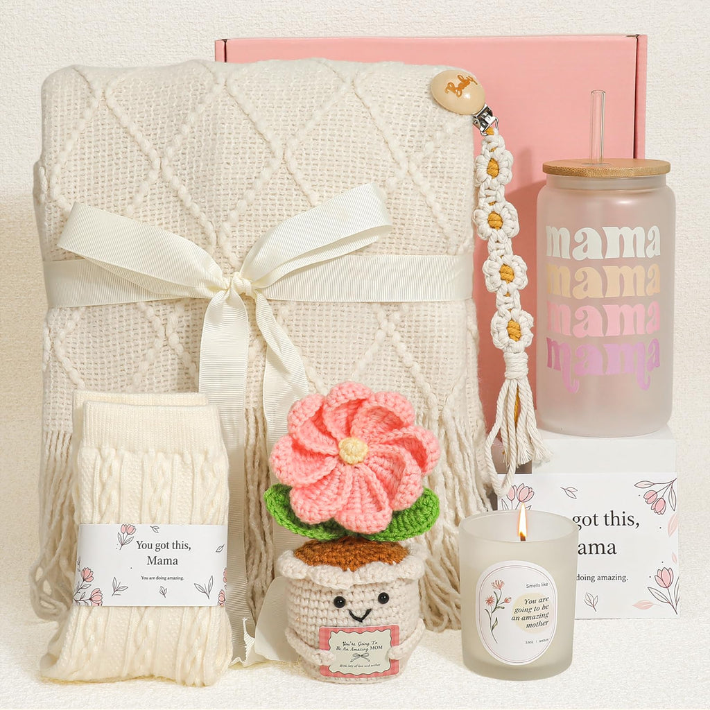 Mom Gift Basket with Blanket, Glass Cup, Candle, Socks & Crochet Flower O254