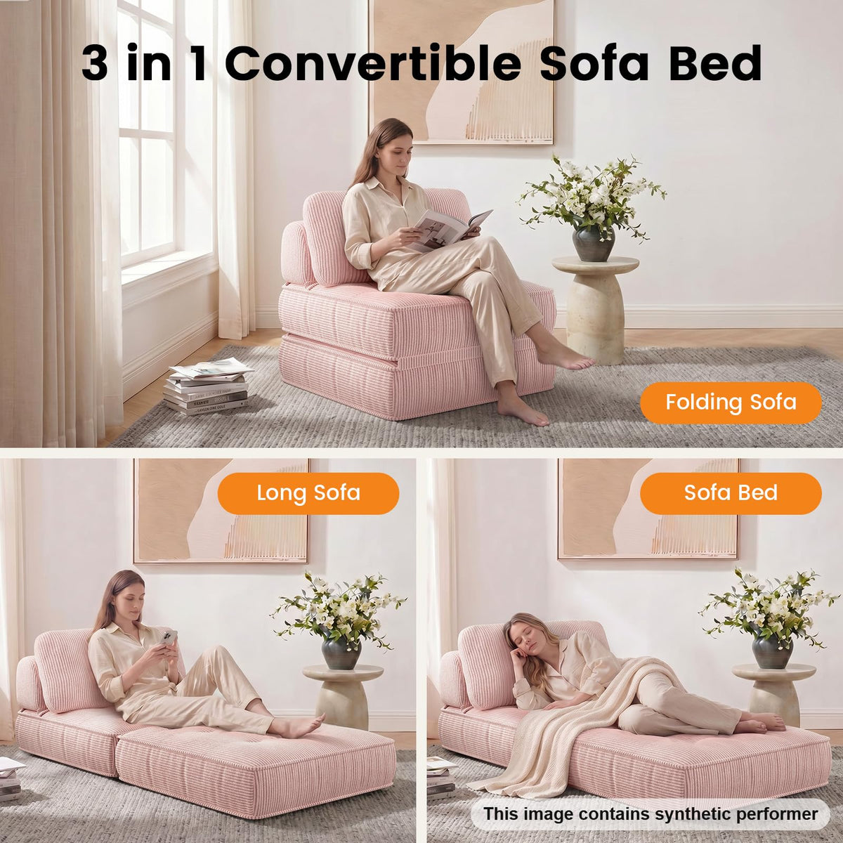 Pink Corduroy 3-in-1 Folding Sofa Bed with Memory Foam U83749