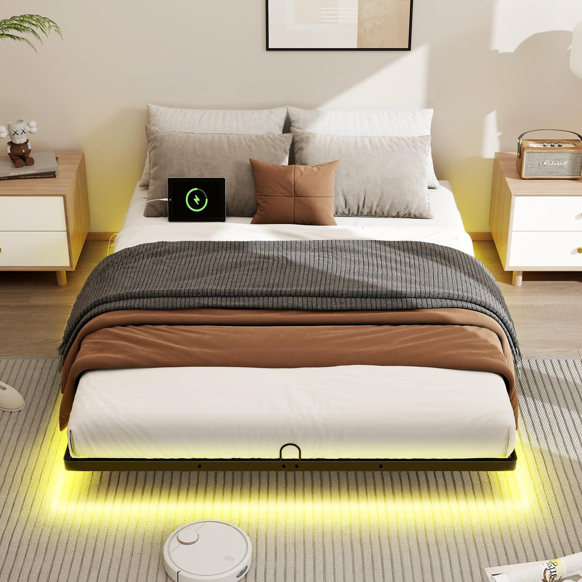 Full Size Metal Platform Bed Frame with LED Lights & Charging Station J144