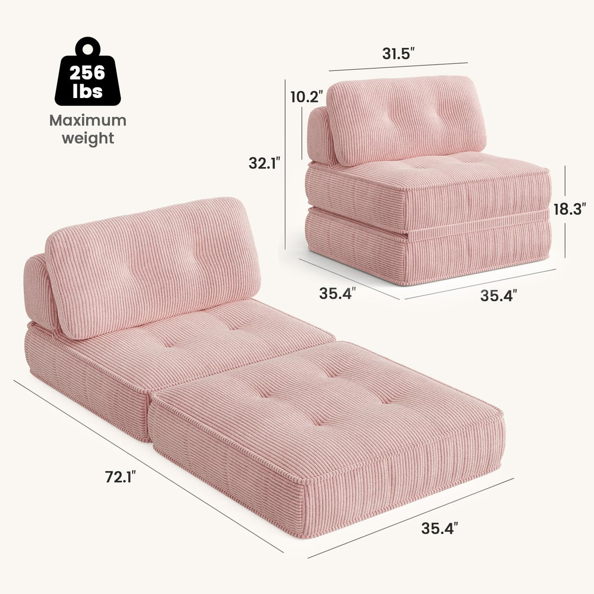 Pink Corduroy 3-in-1 Folding Sofa Bed with Memory Foam U83749