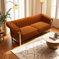 Orange Velvet Channel Tufted Sofa with Gold Metal Legs U3781