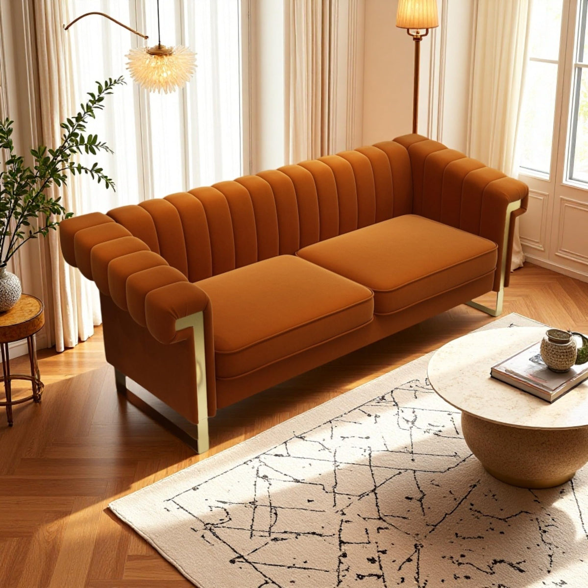 Orange Velvet Channel Tufted Sofa with Gold Metal Legs U3781