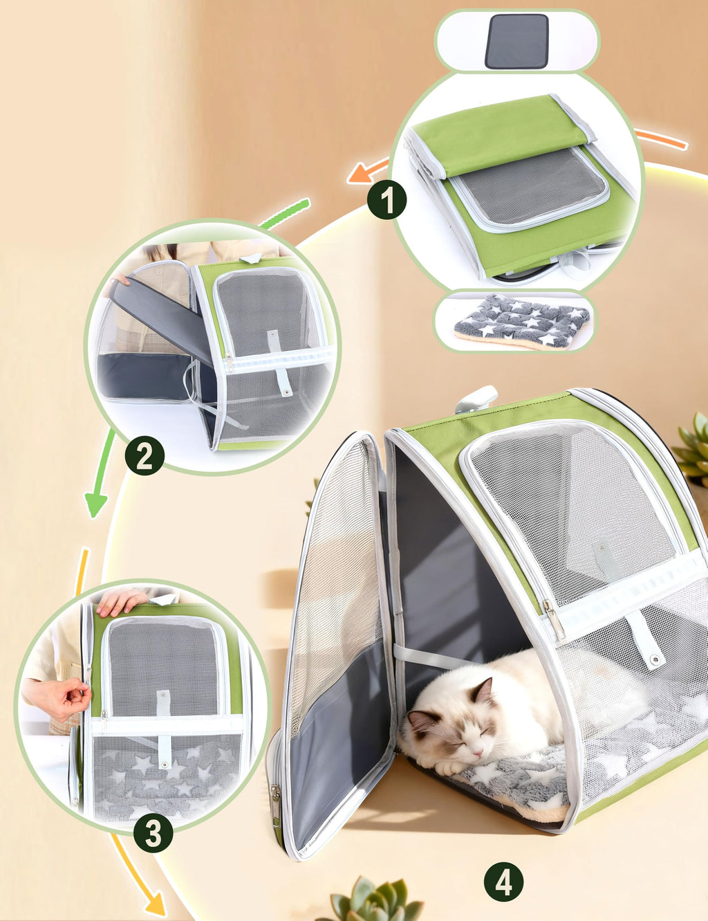 Cat Backpack Carrier with Washable Bed Mat Green M445412