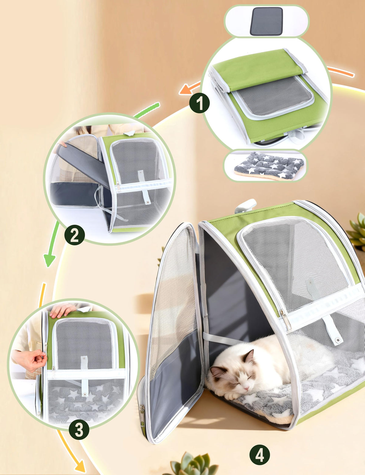 Cat Backpack Carrier with Washable Bed Mat Green M445412