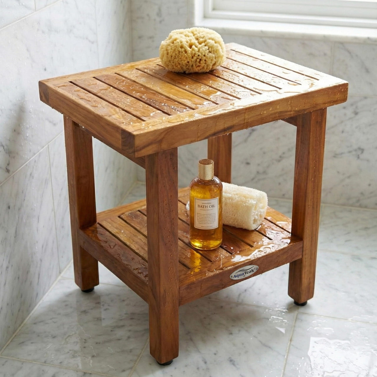 18" Teak Shower Bench with Shelf T83074