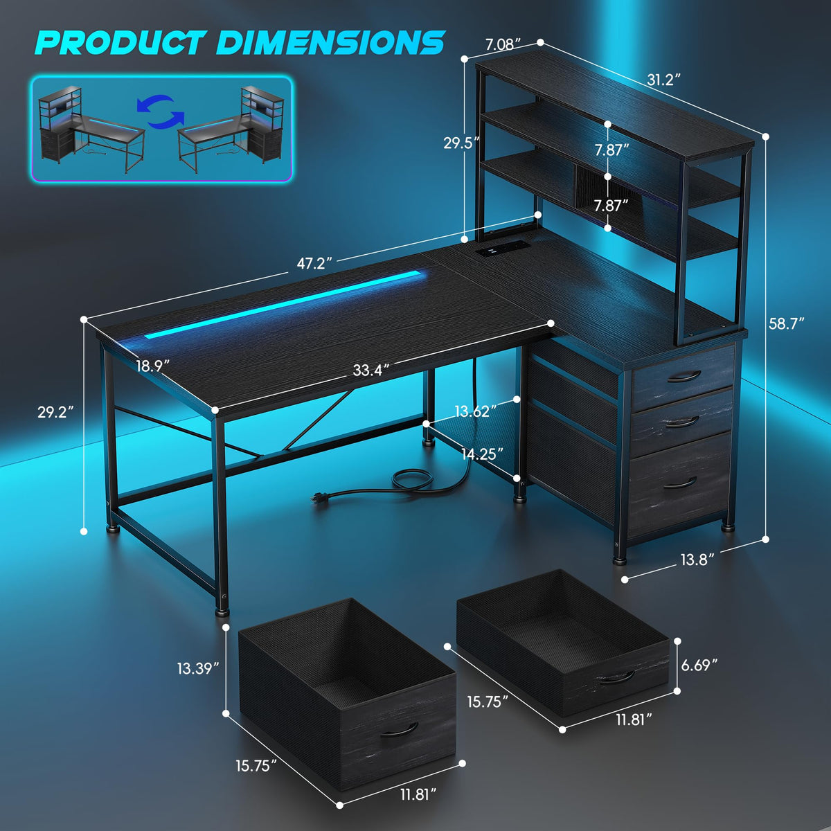 55" L Shaped Gaming Desk with 3 Fabric Drawers & Shelves S77358