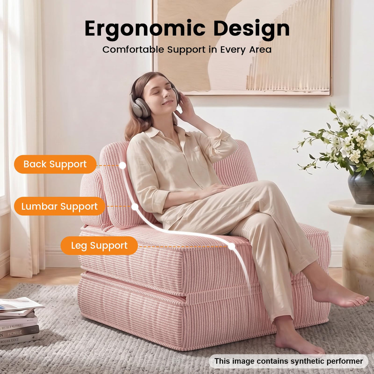 Pink Corduroy 3-in-1 Folding Sofa Bed with Memory Foam U83749