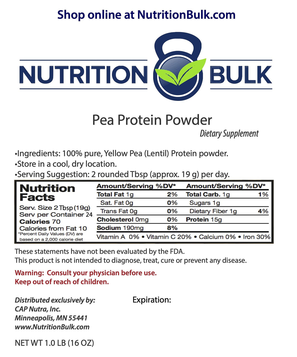Unflavored Pea Protein Powder 1 lb W689661