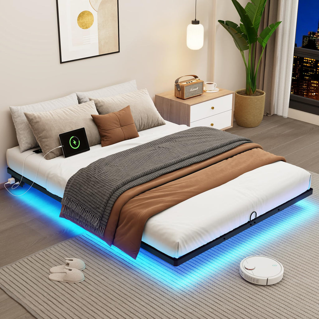 Full Size Metal Platform Bed Frame with LED Lights & Charging Station J144