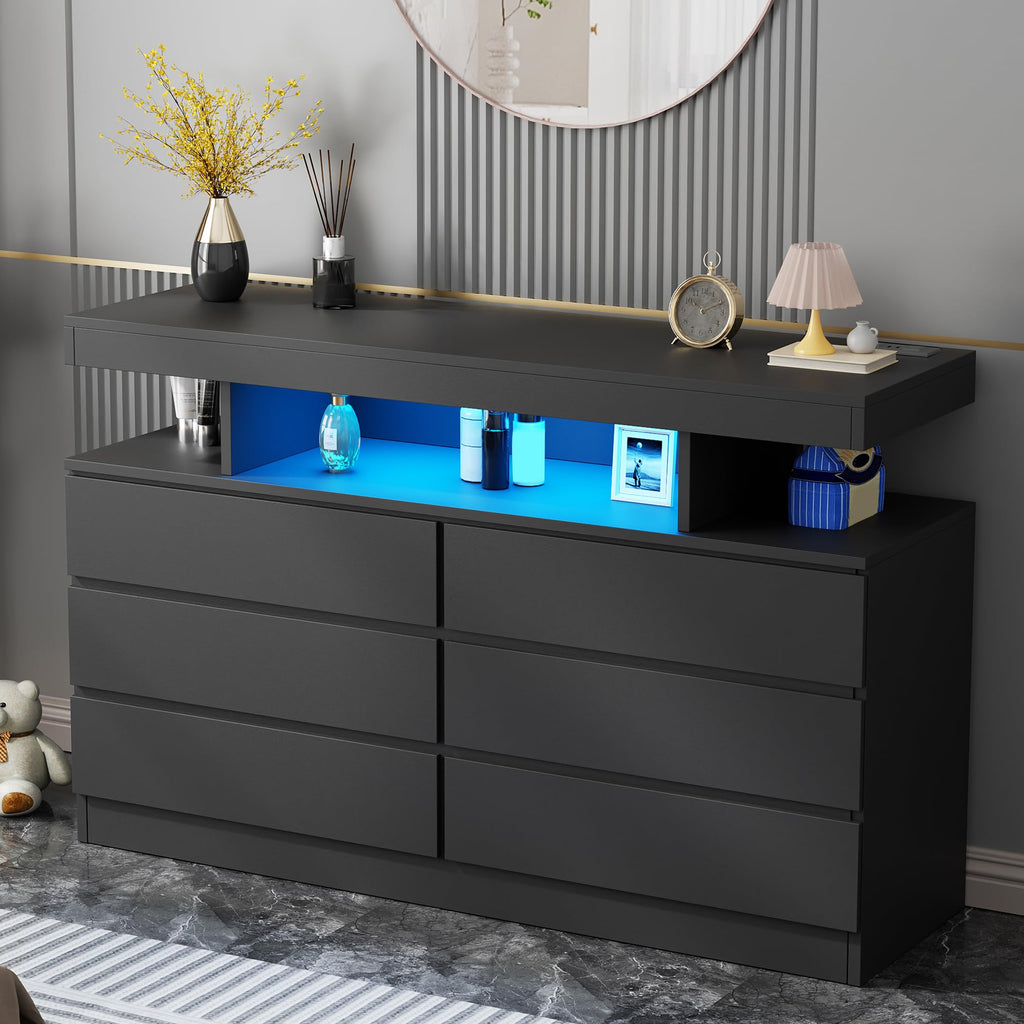 Black Dresser with Charging Station and LED Lights Y1490