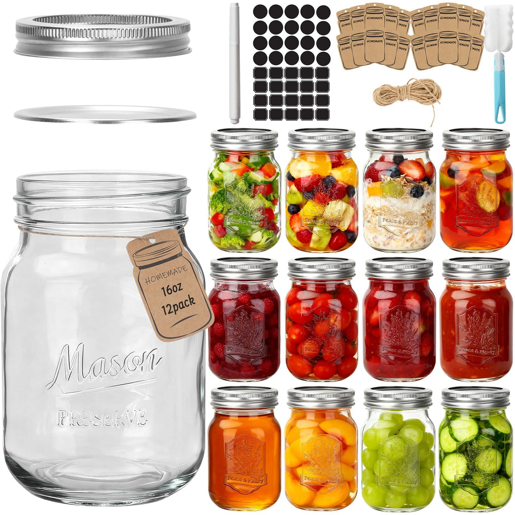 16oz 12 Pack Mason Jars with Airtight Lids U5647