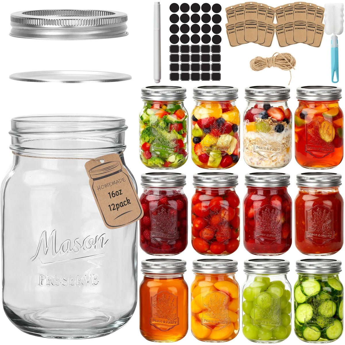 16oz 12 Pack Mason Jars with Airtight Lids U5647