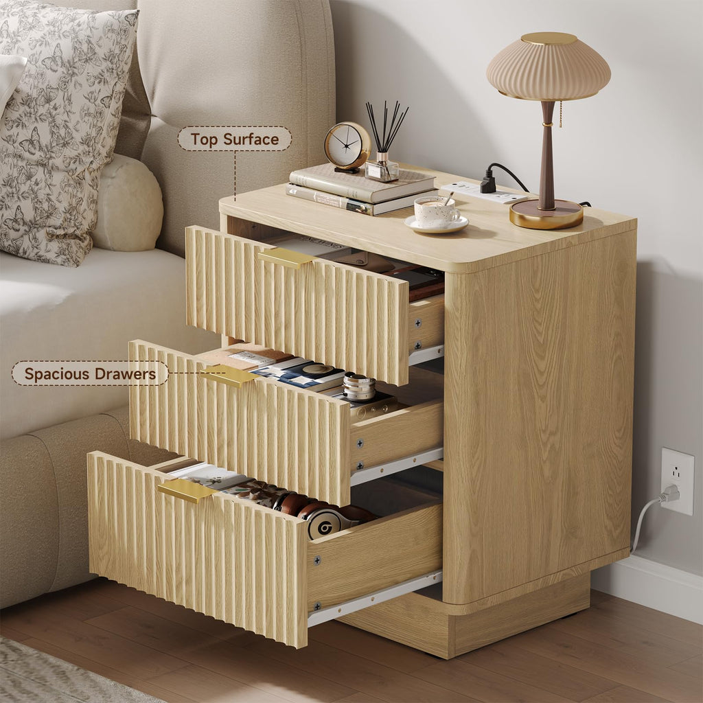 Natural 3 Drawer Nightstand with Charging Station E482451