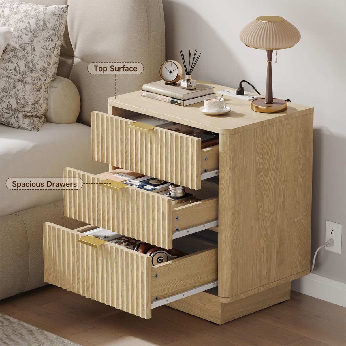 Natural 3 Drawer Nightstand with Charging Station E482451