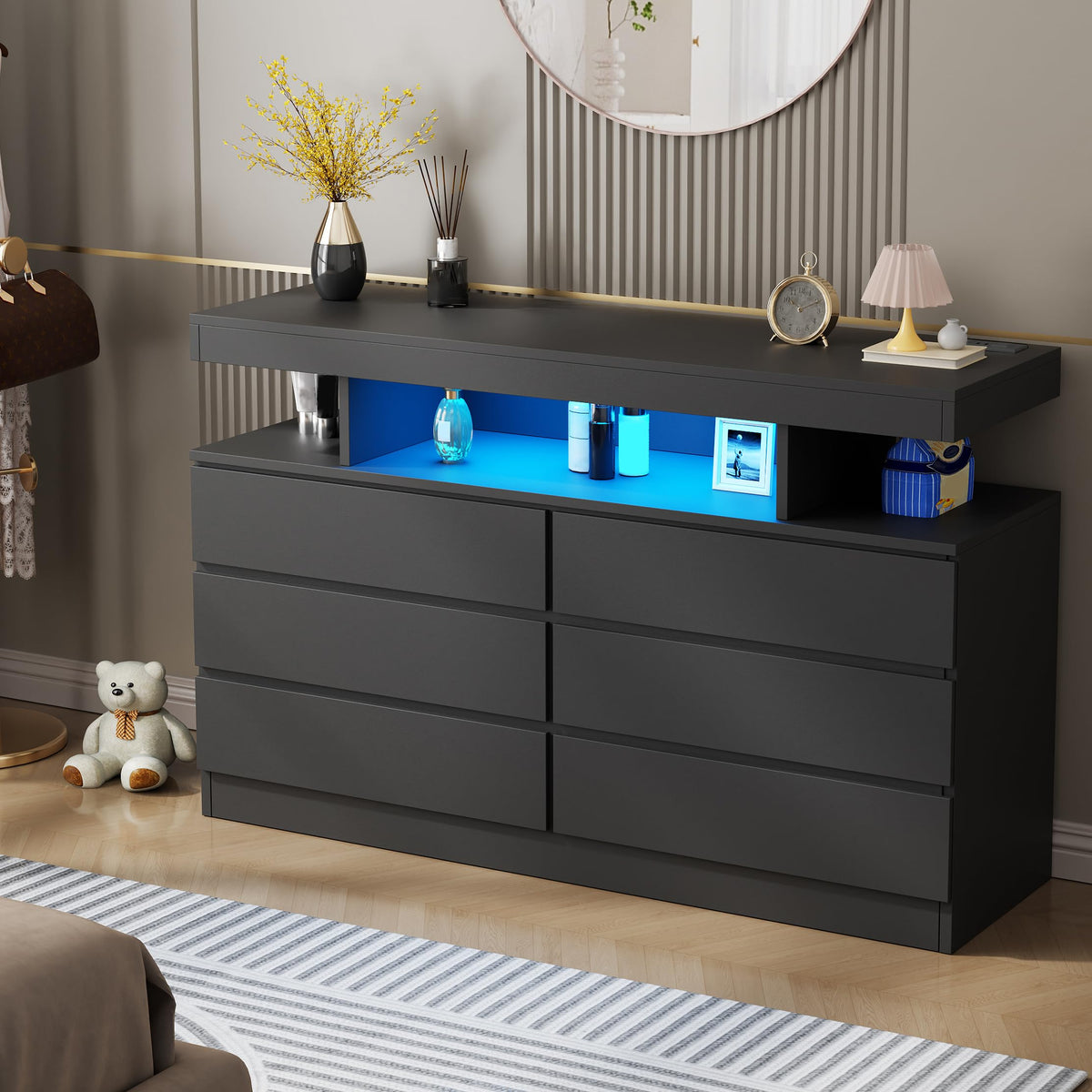 Black Dresser with Charging Station and LED Lights Y1490