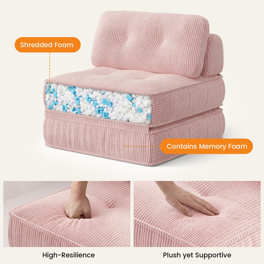 Pink Corduroy 3-in-1 Folding Sofa Bed with Memory Foam U83749
