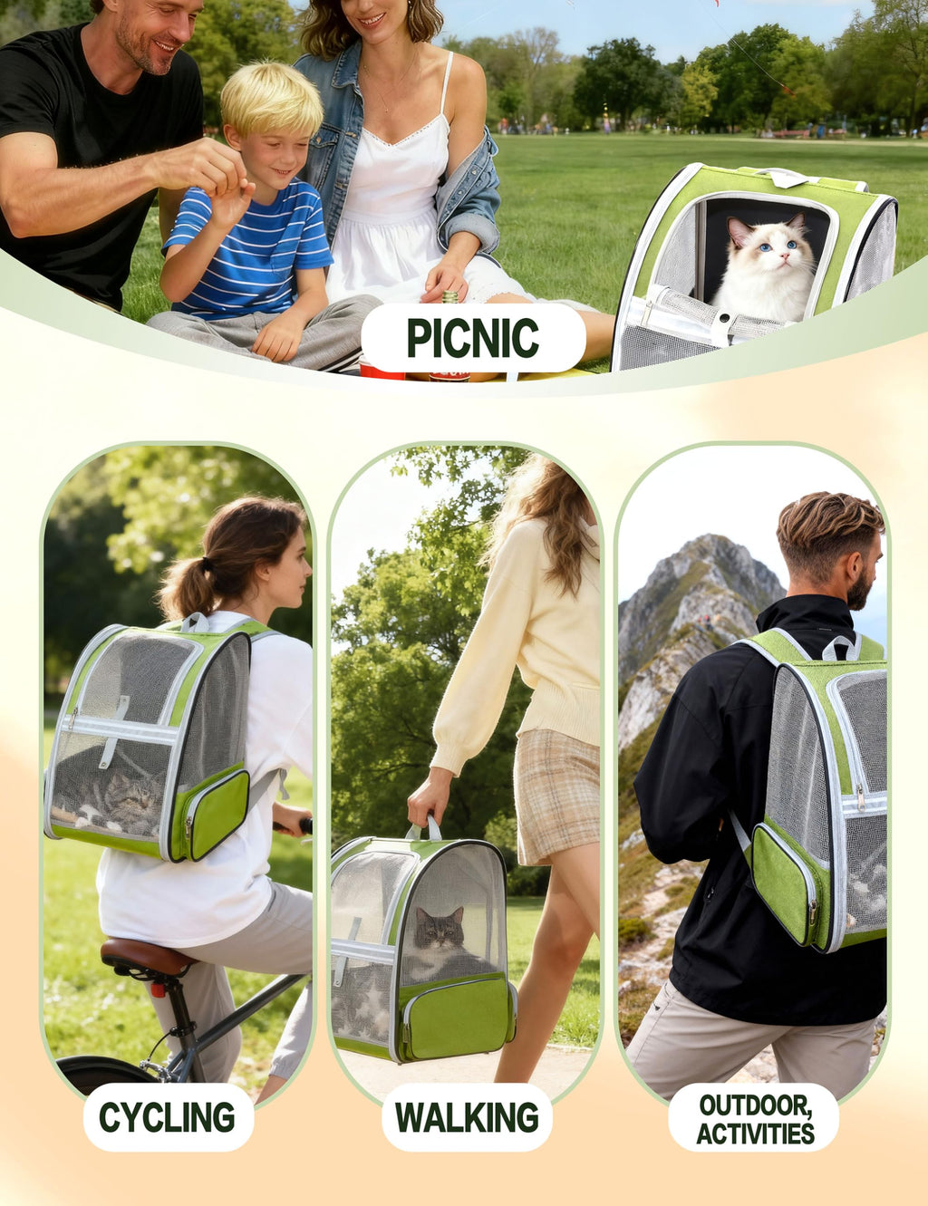 Cat Backpack Carrier with Washable Bed Mat Green M445412